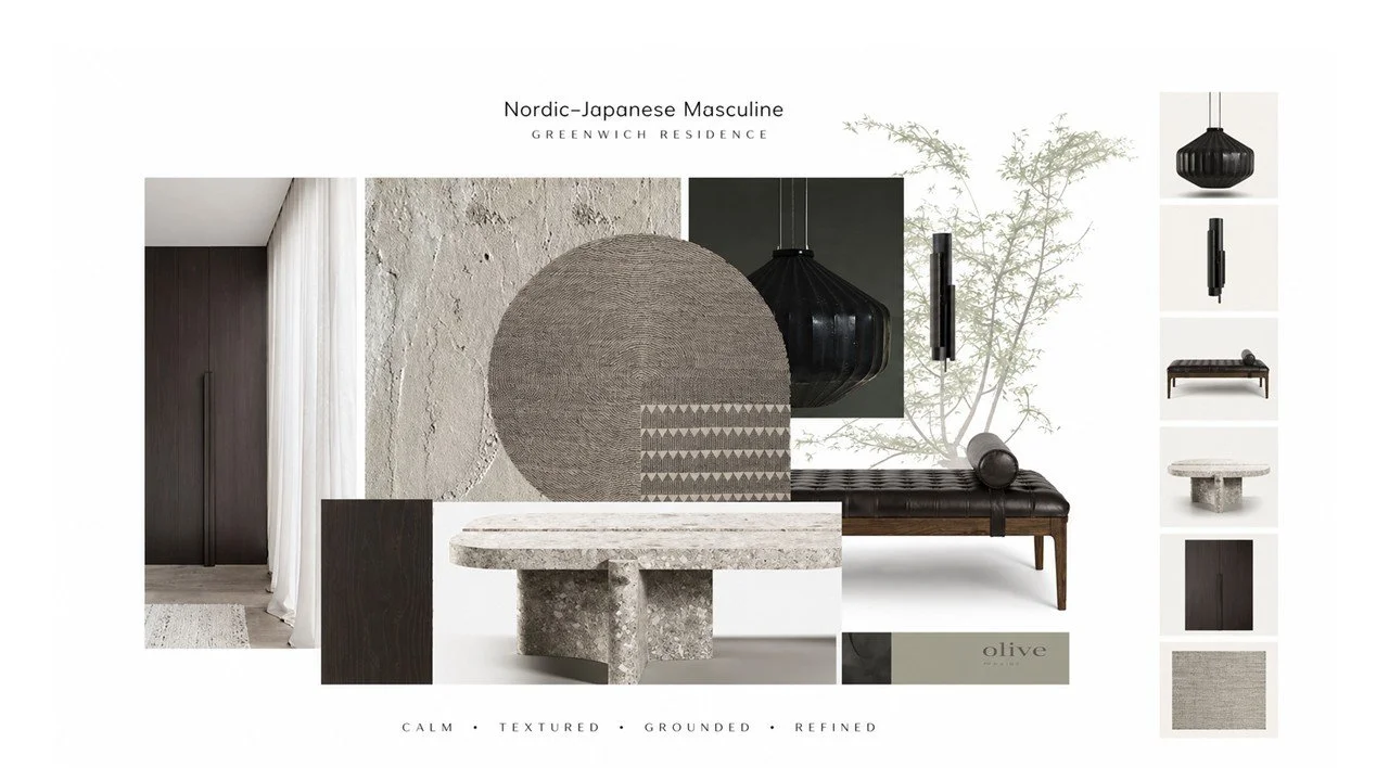 Nordic Japanese interior concept design in Greenwich London featuring natural textures, concrete surfaces, dark wood and sculptural furniture