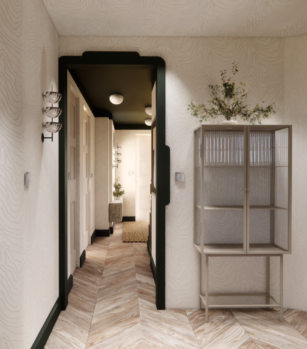 Modern contemporary hallway with textured wallpaper and warm minimalist interior styling by Pinterior.space Cambridge.
