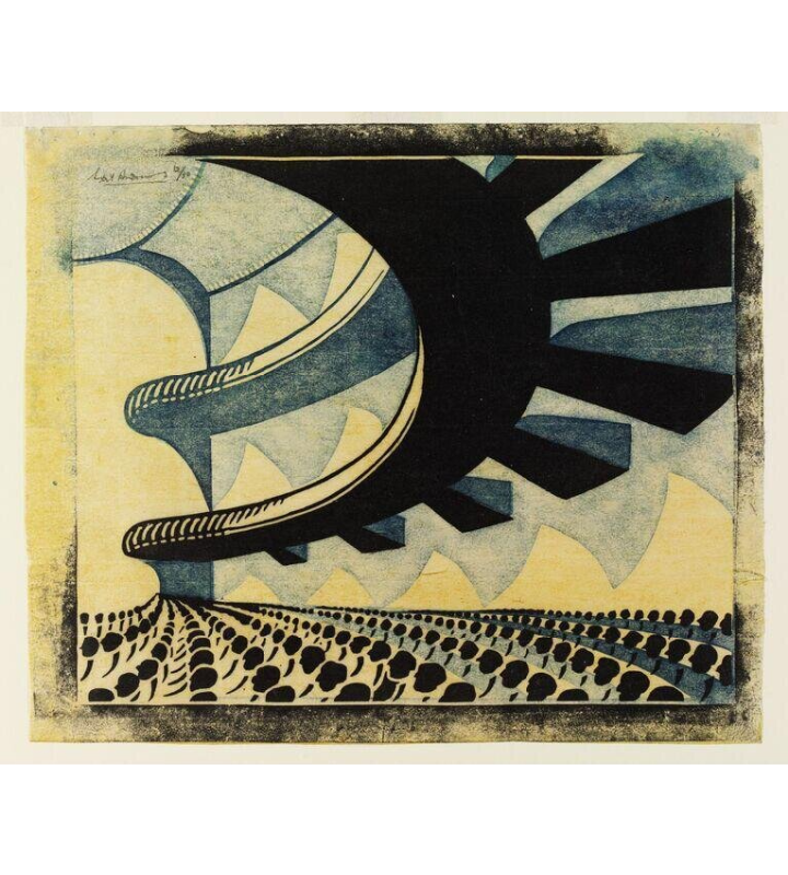 Sybil Andrews’ 1929 linocut “Au Theatre,” a modernist Art Deco print with sweeping geometric forms and stylised audience silhouettes. Victoria and Albert Museum.