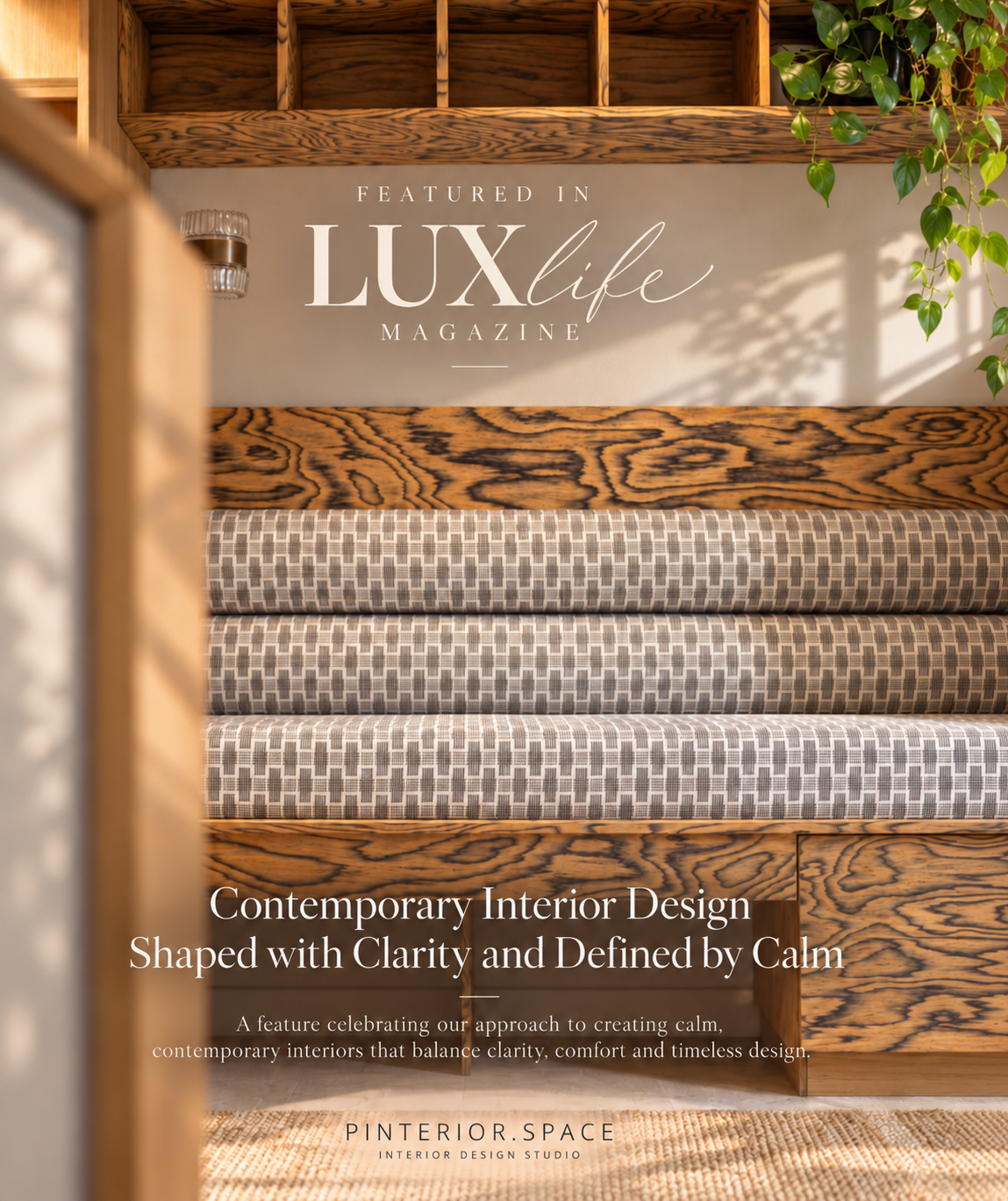 LUXlife Magazine feature showcasing Pinterior's Shelford interior design project in Cambridge, with bespoke timber joinery and patterned upholstered staircase.