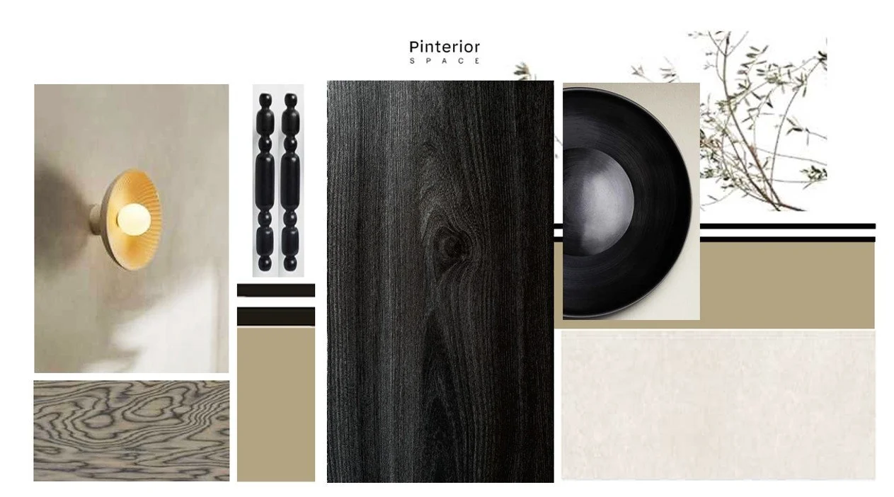 Cambridge interior design concept board — Nordic contemporary styling for transitional in-between spaces with sculptural lighting and muted textures