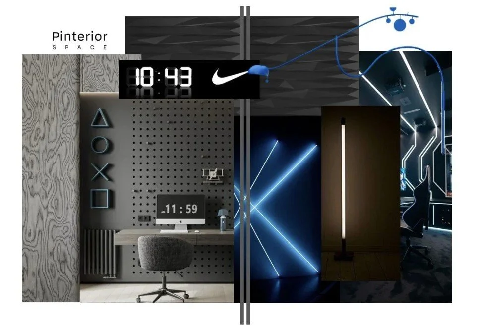 Teen gamer bedroom in Cambridge with LED lighting, pegboard wall, sculptural furniture, and neon accents.