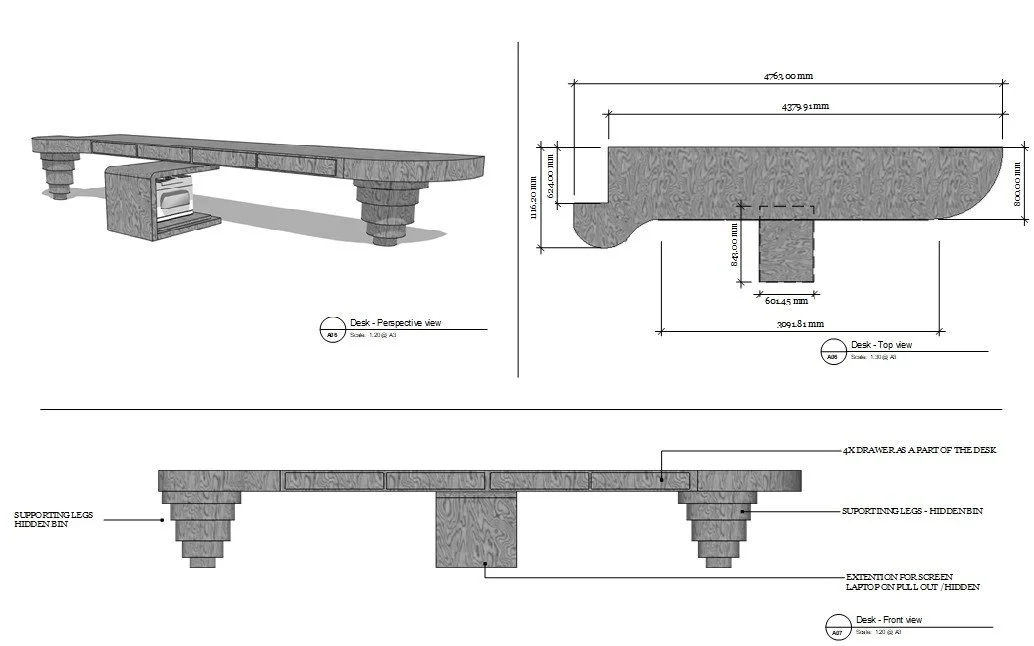 Cambridge bespoke office desk drawings with organic contours, cable management, and mobile divider unit