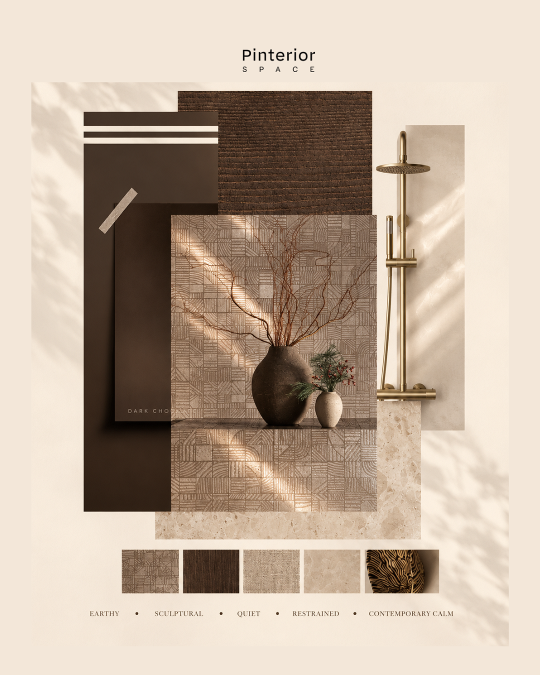 Bathroom material concept board featuring warm timber, textured tiles, brushed brass fittings, natural stone and a carefully curated contemporary colour palette by Pinterior.space.