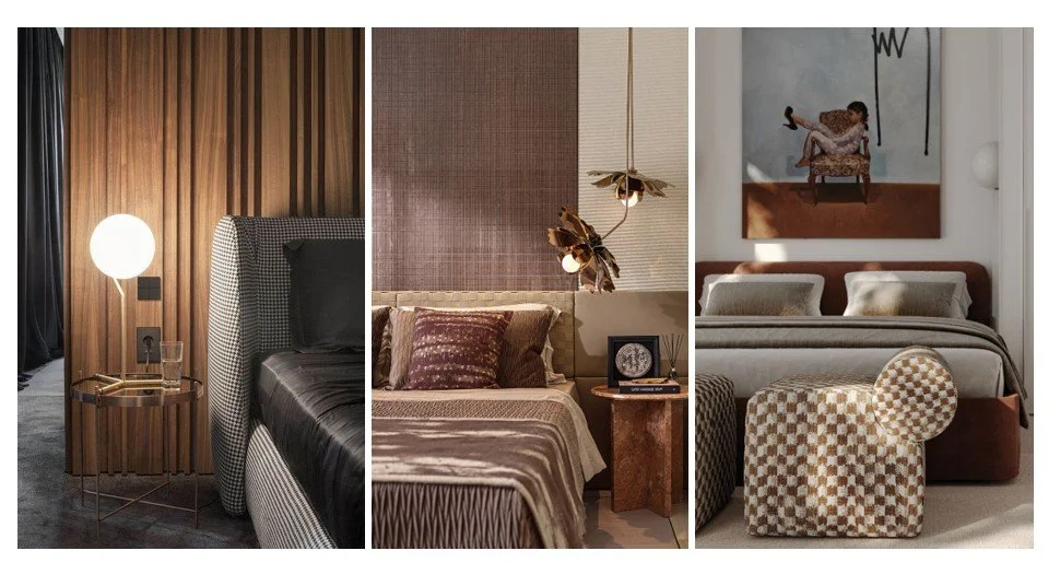 Collage of modern bedroom interiors showing varied textures, lighting, and emotional design styles.