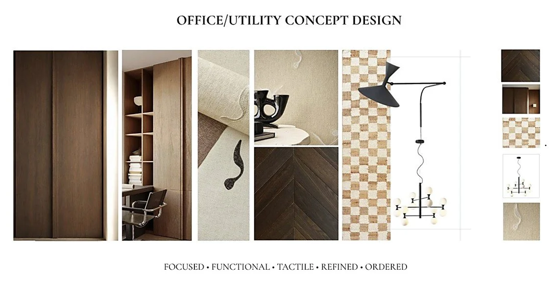Refined home office and utility concept design by Pinterior Space featuring rich timber cabinetry, neutral textiles, dark herringbone flooring and sculptural lighting.