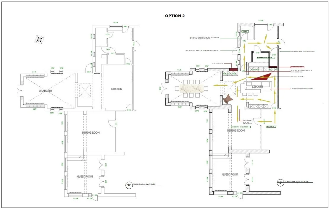 Alternative open‑plan layout showing circulation flow with yellow arrows, testing different zoning and furniture placement in a Cambridge home