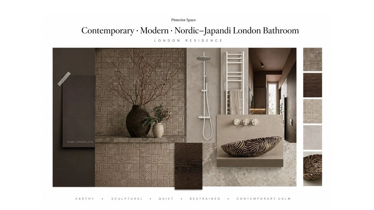 Contemporary Nordic Japandi bathroom design concept in London featuring warm stone textures, patterned tiles, sculptural basin and earthy neutral palette