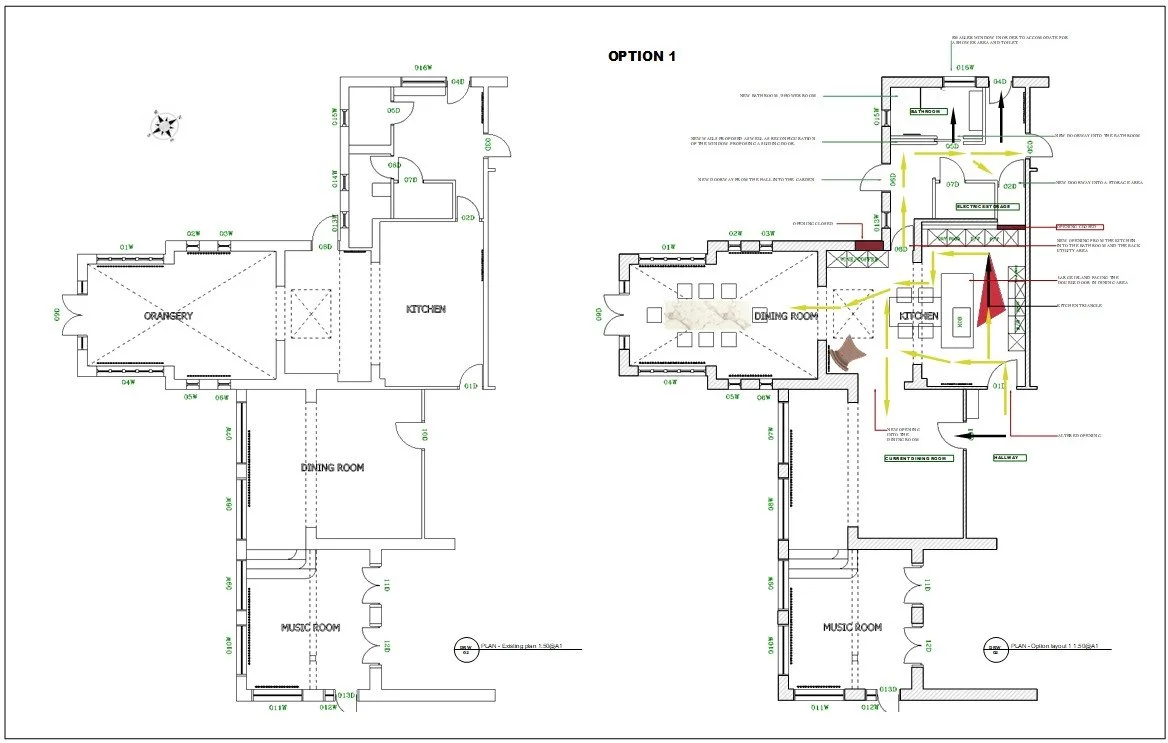 Cambridge open-plan floor plan showing circulation flow with yellow arrows, zoning between kitchen, dining, orangery, and music room