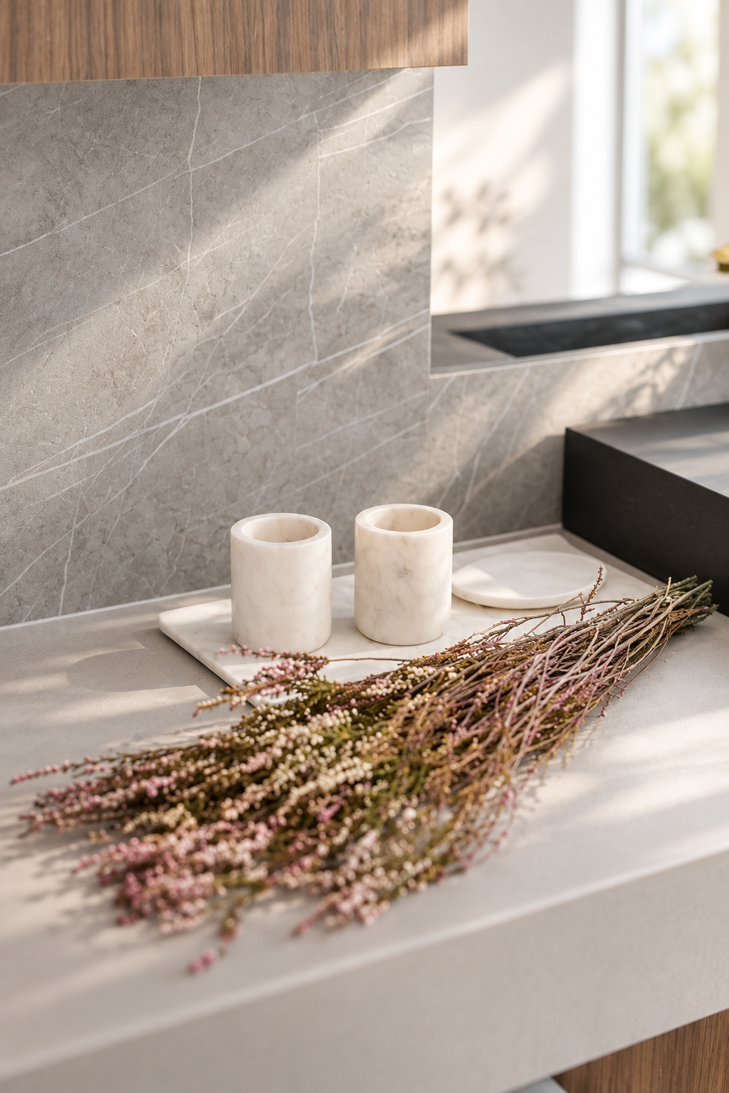 Contemporary bathroom detail in a Gamlingay renovation, with pale stone surfaces, warm timber cabinetry, dried flowers and soft natural light.
