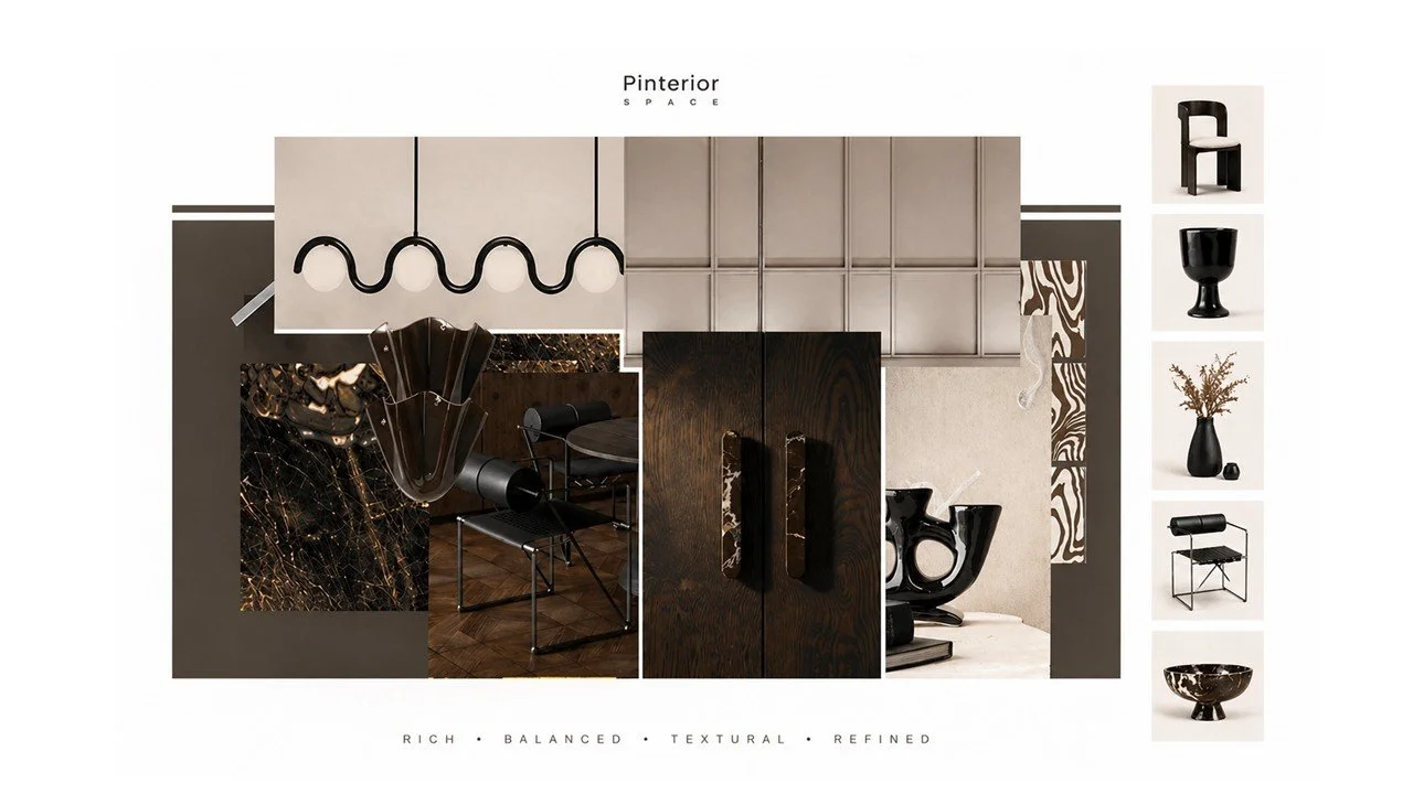 Contemporary kitchen concept board featuring warm neutral materials, wood finishes, marble textures and sculptural lighting