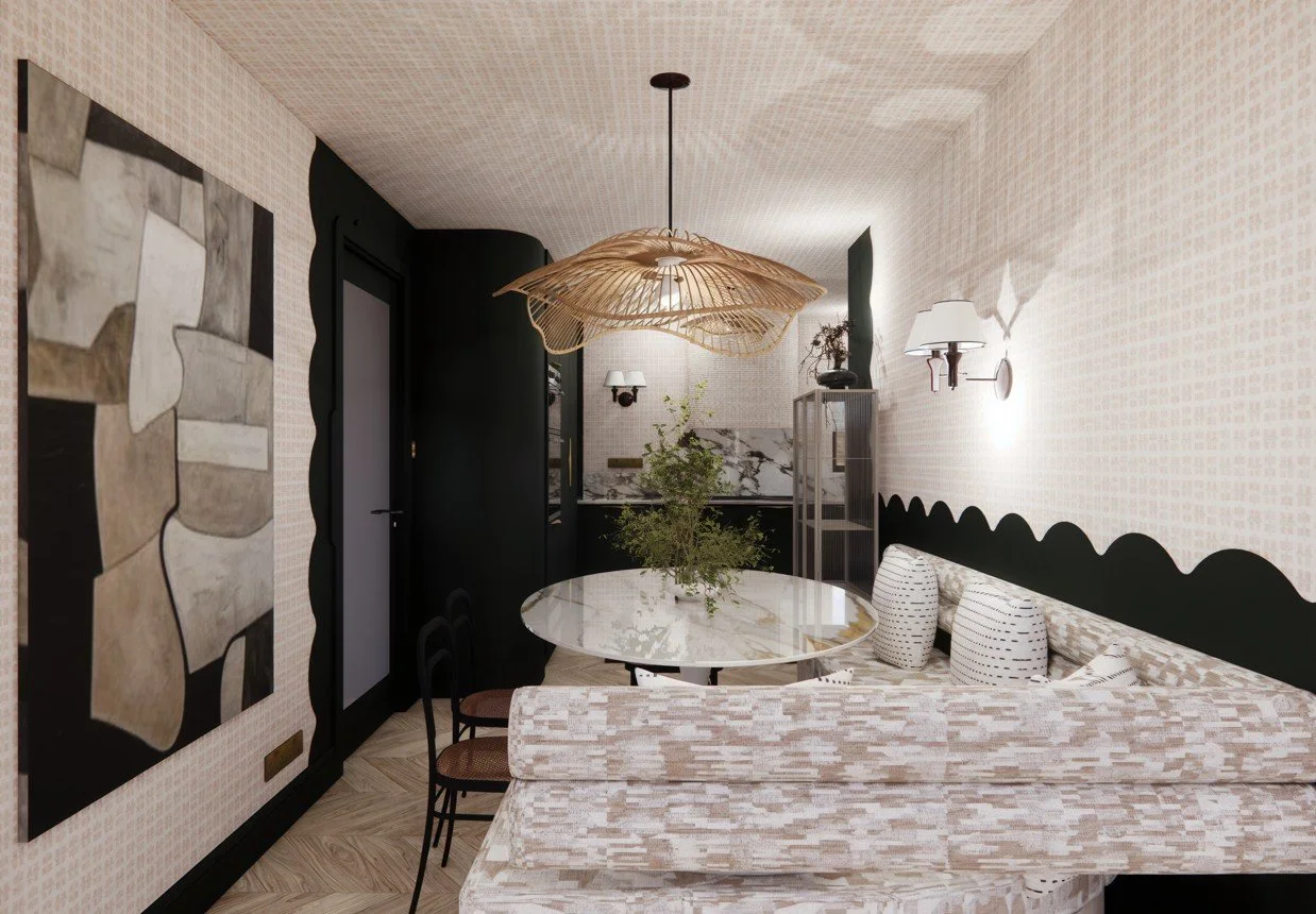 Contemporary dining space with a round marble table, curved banquette seating, scalloped wall detail, and soft organic forms throughout