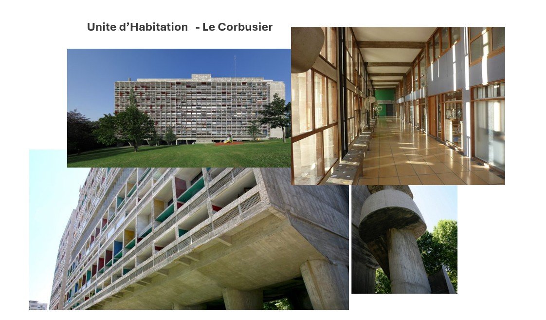 Collage of Le Corbusier’s Unité d'Habitation showing facade, interior corridor, pilotis, and modular design.