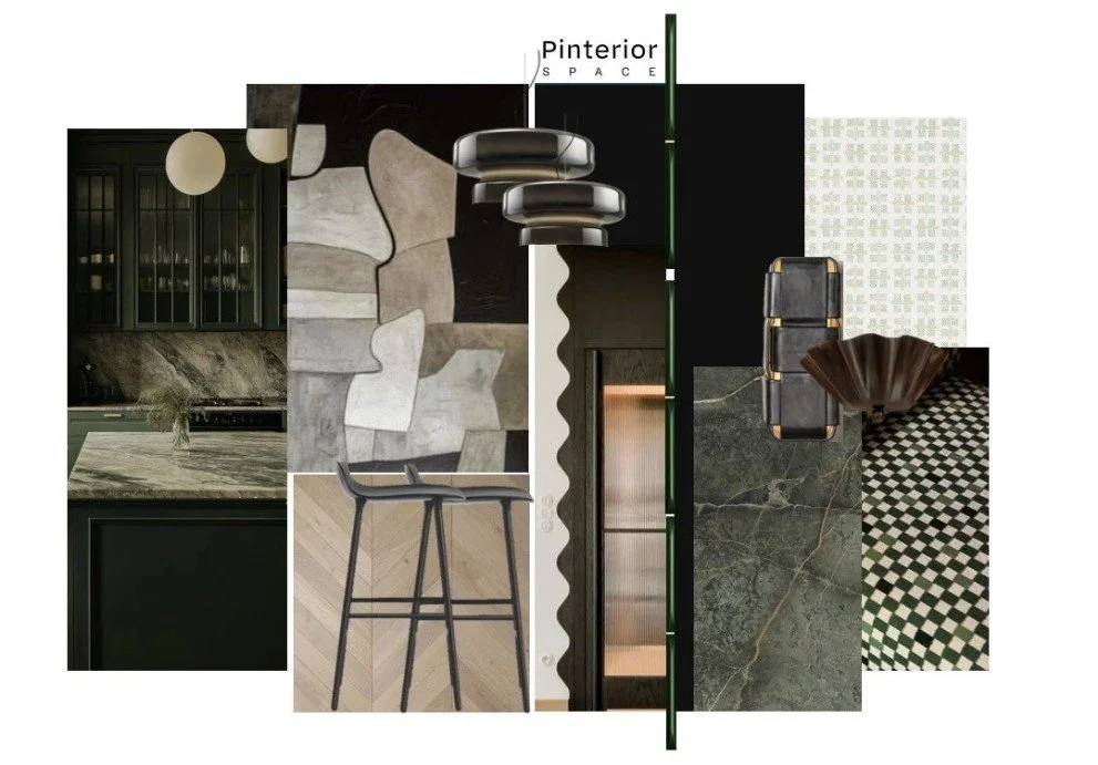 Concept board for a moody contemporary masculine kitchen–dining space in Biggleswade/Sandy, featuring dark green cabinetry, sculptural lighting, marble textures, ribbed glass, geometric patterns, and a bold, refined material palette