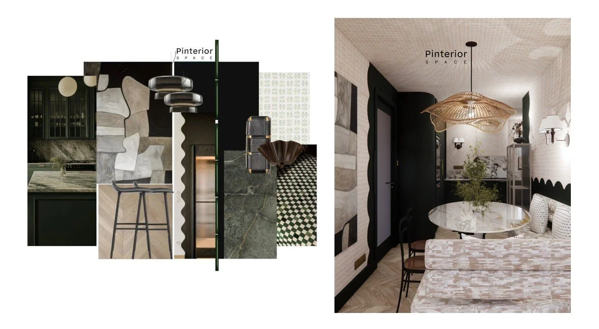 Interior design concept board and visualization showing a green-drenched kitchen and dining area in Biggleswade — curated by Pinterior SPACE to explore texture, lighting, and emotional tone in a modern home.