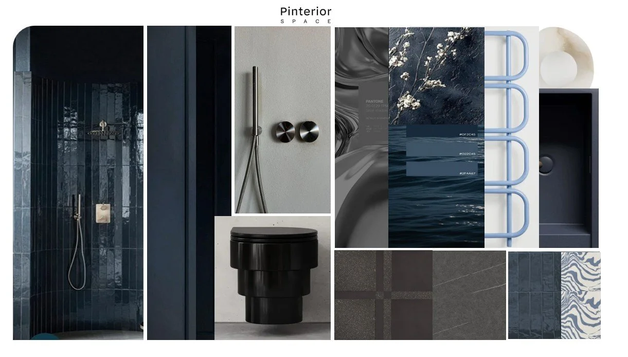 London bathroom design concept board with dark stone textures, minimalist black sanitaryware, blue palette details, and curated material samples