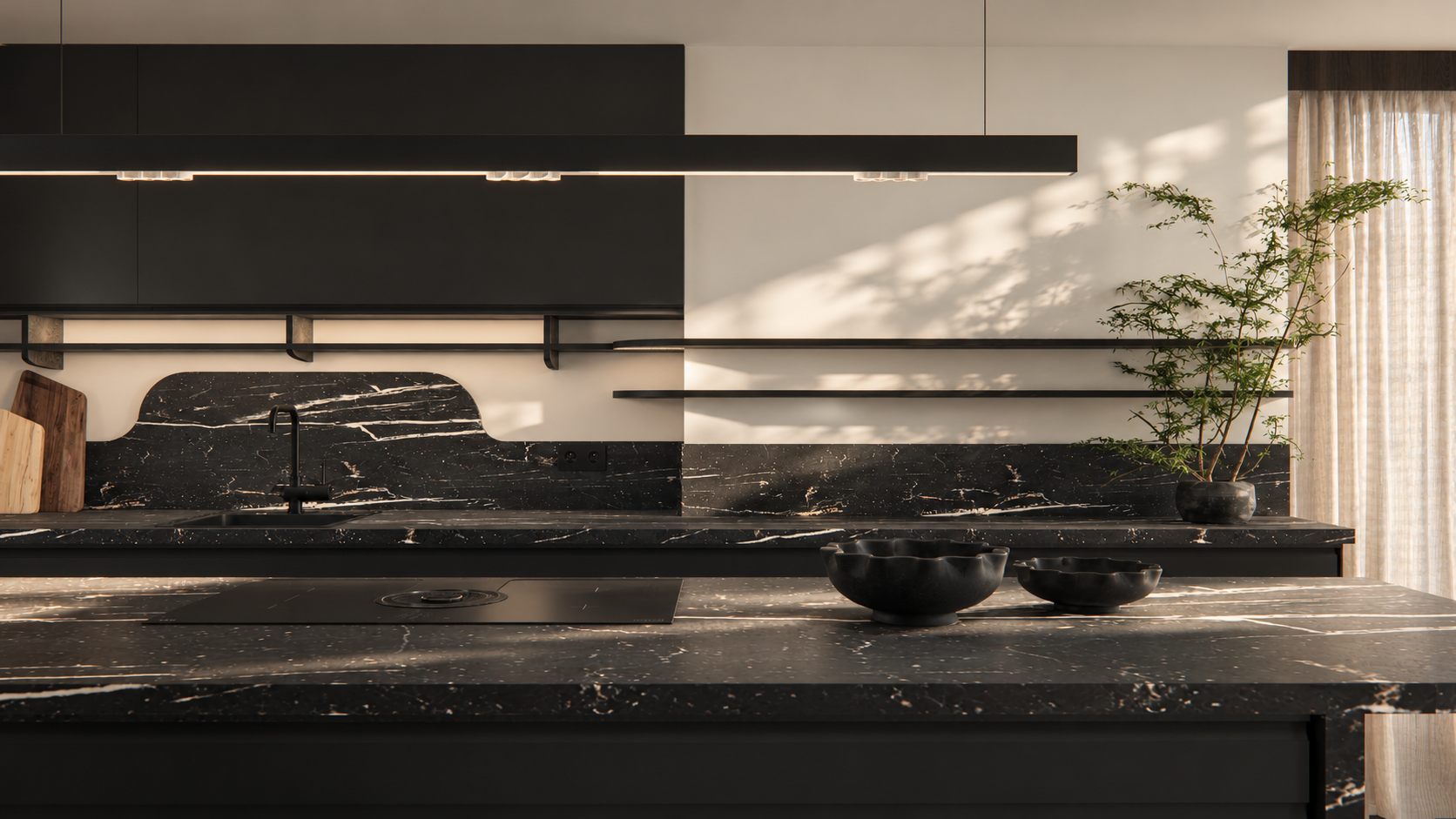 design visualisation by Pinterior.space for the Henslow Mews residential project in Cambridge CB2. Dramatic black veined stone, minimalist cabinetry and a sculpted splashback create a strong architectural composition. Slim floating shelves, integrate