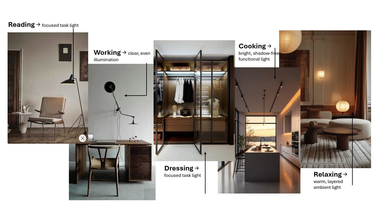 Collage showing five lighting types in action: reading, working, dressing, cooking, and relaxing — each with tailored illumination for its function