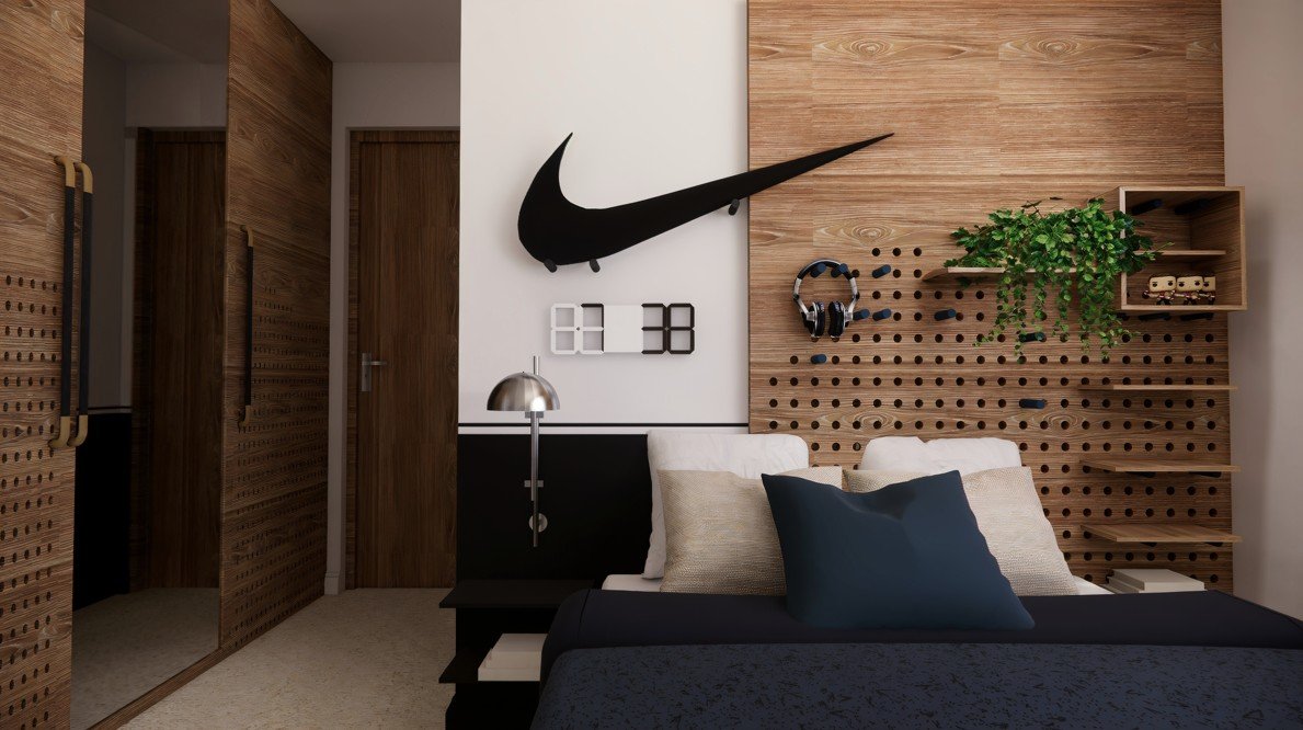 Teen bedroom with pegboard wall, Nike logo, sculptural shelving, and warm wood textures.