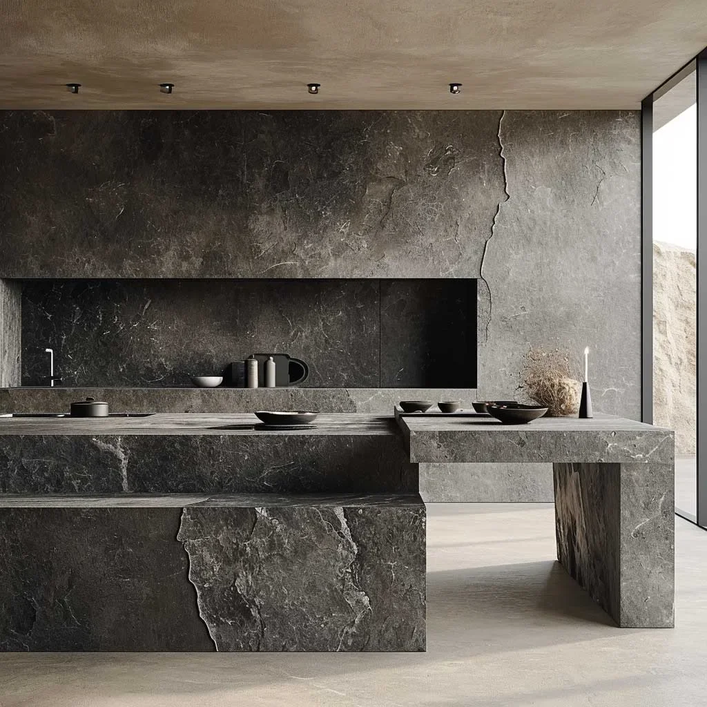 Brutalist kitchen with dark stone cabinetry, cantilevered island, recessed shelving, and sculptural textures. Photo via Artfasad.