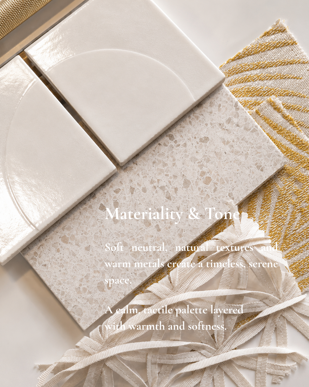 Modern organic material palette with stone, ceramic tiles, and tactile neutral textures by Pinterior interior design studio.
