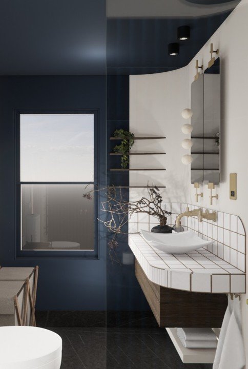 Contemporary bathroom design with navy feature wall, gold‑grouted white tiles, vessel sink, floating shelves, and soft natural light — based on the London concept board