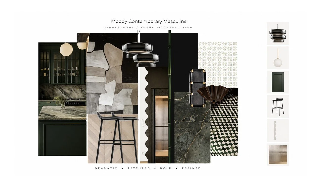 Moody contemporary kitchen–dining interior concept design in Biggleswade and Sandy featuring dark green cabinetry, marble surfaces, ribbed glass and sculptural lighting