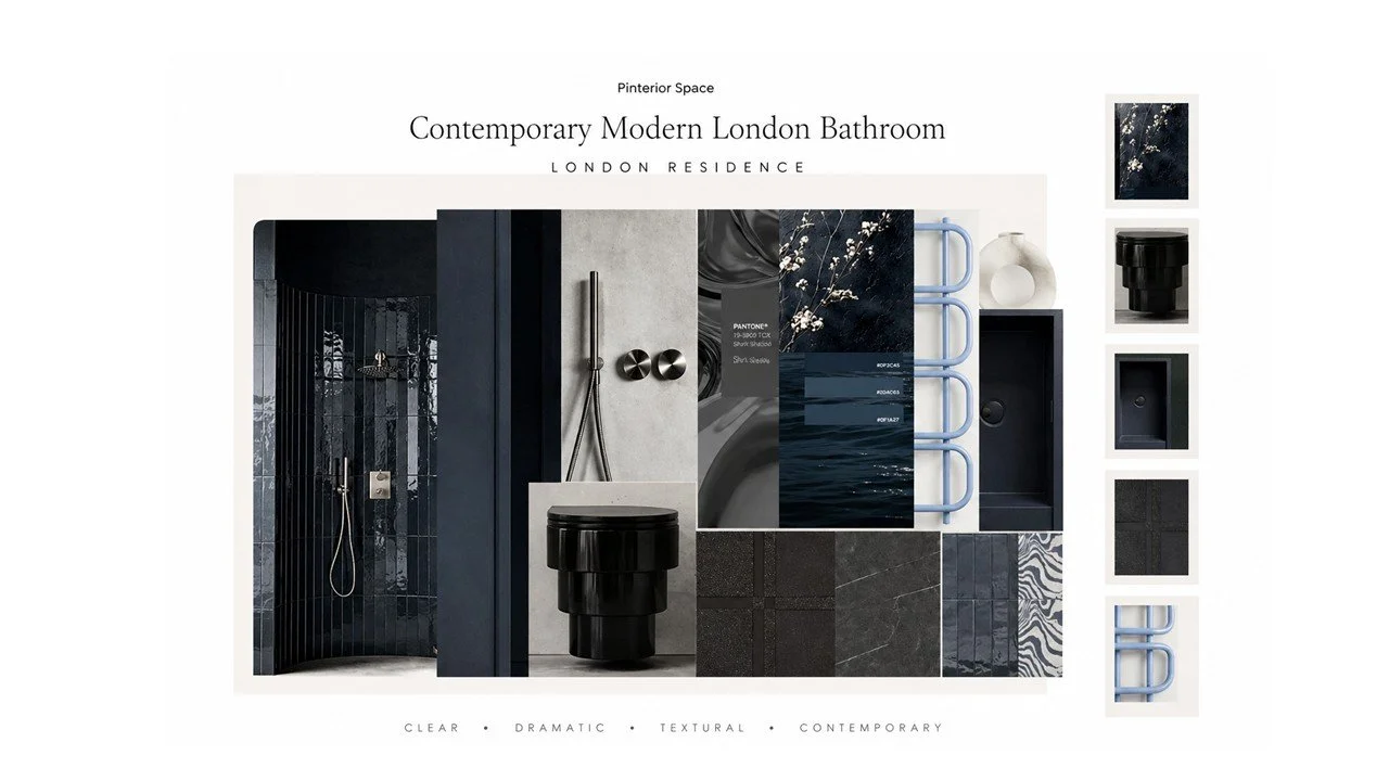Contemporary modern bathroom design concept in London featuring deep blue tiles, black sanitary ware, textured surfaces and sculptural fixtures.