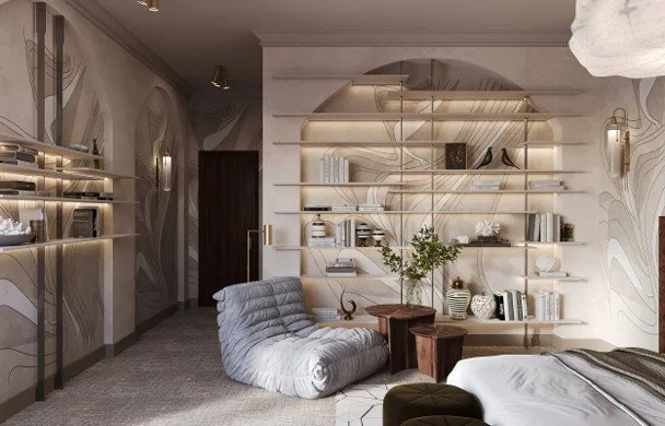 A modern bedroom with softly backlit shelving, repeated vertical lines, and consistent spacing that creates a calm architectural rhythm.