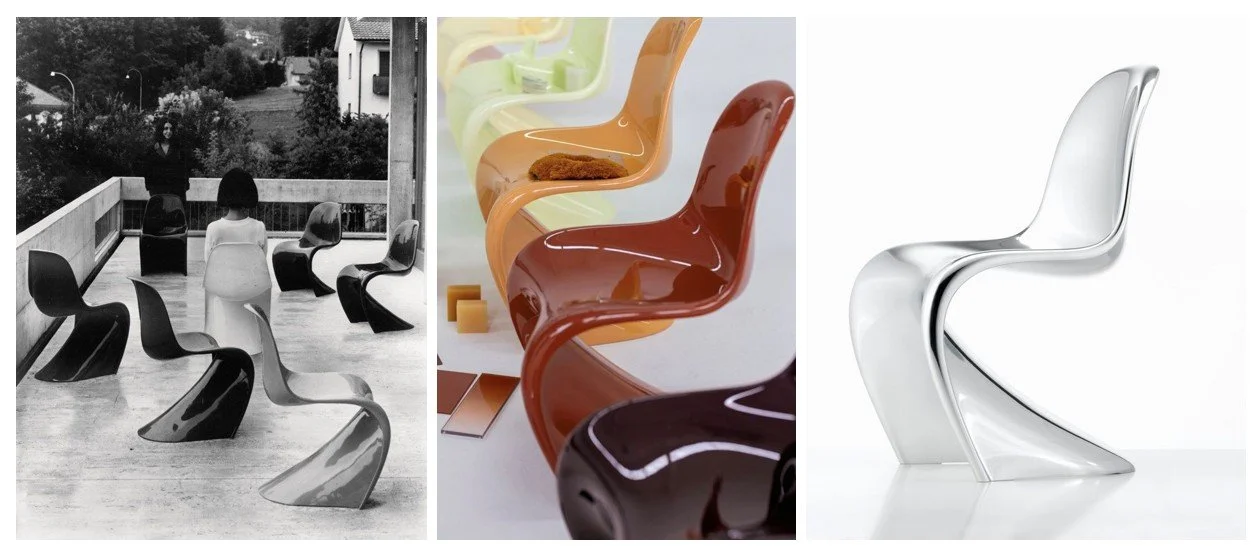 Triptych of Verner Panton Chair showing outdoor, studio, and metallic design variations