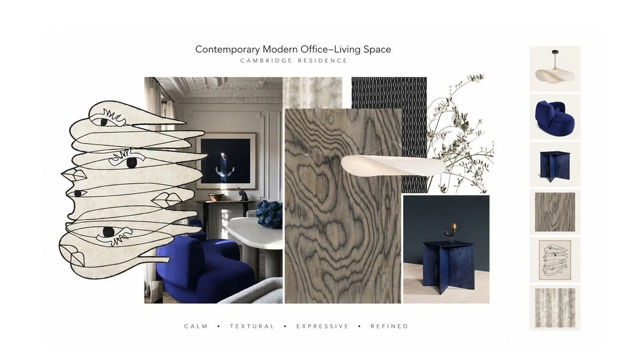 Contemporary modern office–living concept design in Cambridge featuring wood veneer textures, soft grey tones, cobalt blue furniture and sculptural elements