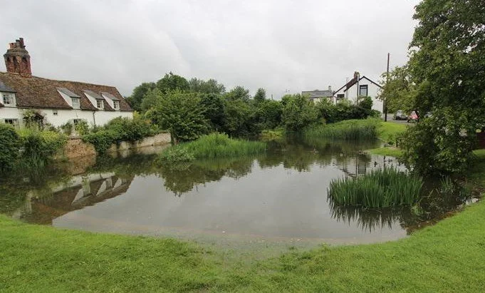 Village pond in Comberton, Cambridgeshire, with traditional houses and lush greenery reflected in the water