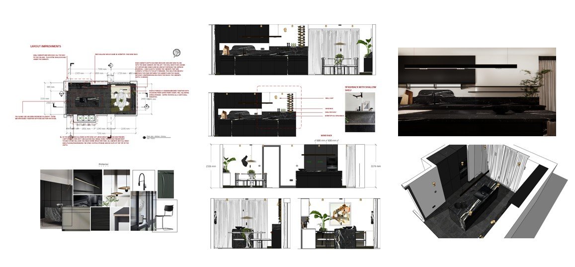 Collage of plans, elevations, material palette, and 3D visualisations for a kitchen–dining renovation in Henslow Mews, Cambridge, showing spatial reconfiguration, cabinetry detailing, and a cohesive modern design direction.
