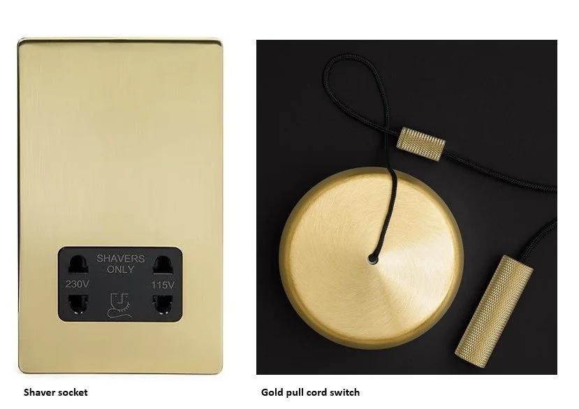 Gold shaver socket and matching gold pull‑cord switch, the only compliant electrical fixtures permitted inside a UK bathroom