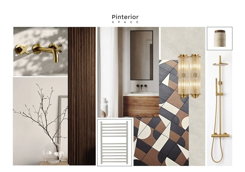 Japandi concept board for a bathroom in Gamlingay, merging Nordic warmth and Japanese clarity through natural materials and sculptural fixtures