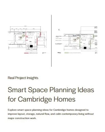 Before and after floor plans demonstrating smart space planning strategies to improve layout, storage and functionality in a Cambridge home