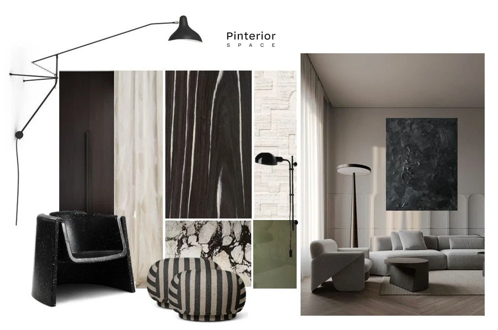 Cambridgeshire interior design concept board — contemporary minimalist living room with terrazzo, wood grain, and sculptural furniture
