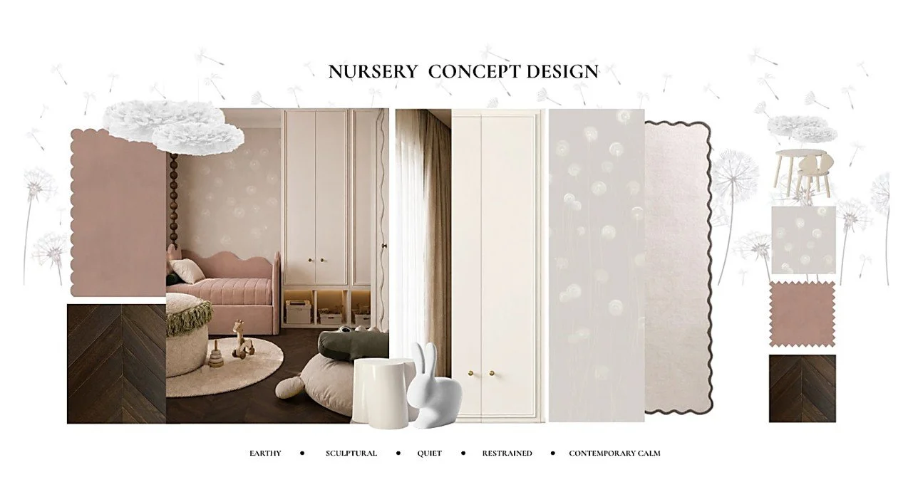 Earthy contemporary nursery concept design by Pinterior Space featuring warm neutral tones, dark timber flooring, soft textiles, botanical details and sculptural forms.