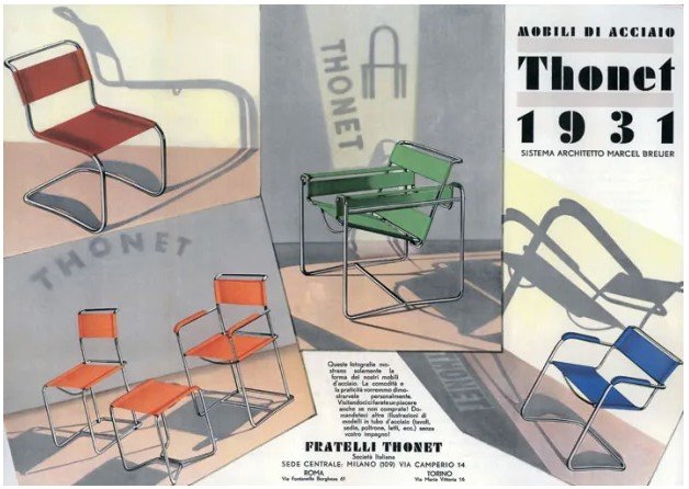 Vintage 1931 Thonet poster designed by Marcel Breuer, showcasing tubular steel chairs in bold colours.