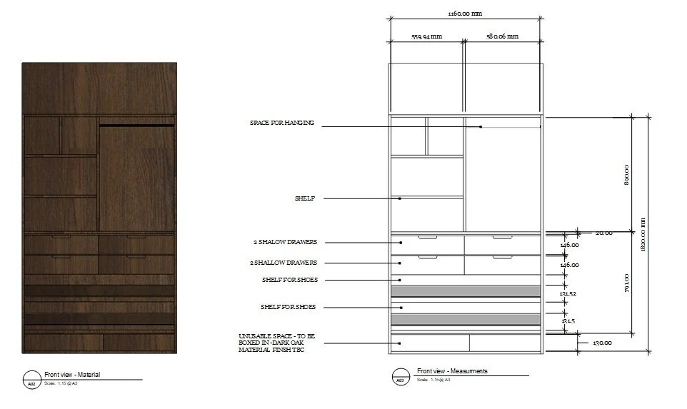 Cambridge wardrobe elevation with annotated measurements, Grade II listed compliance, and dark oak material rendering