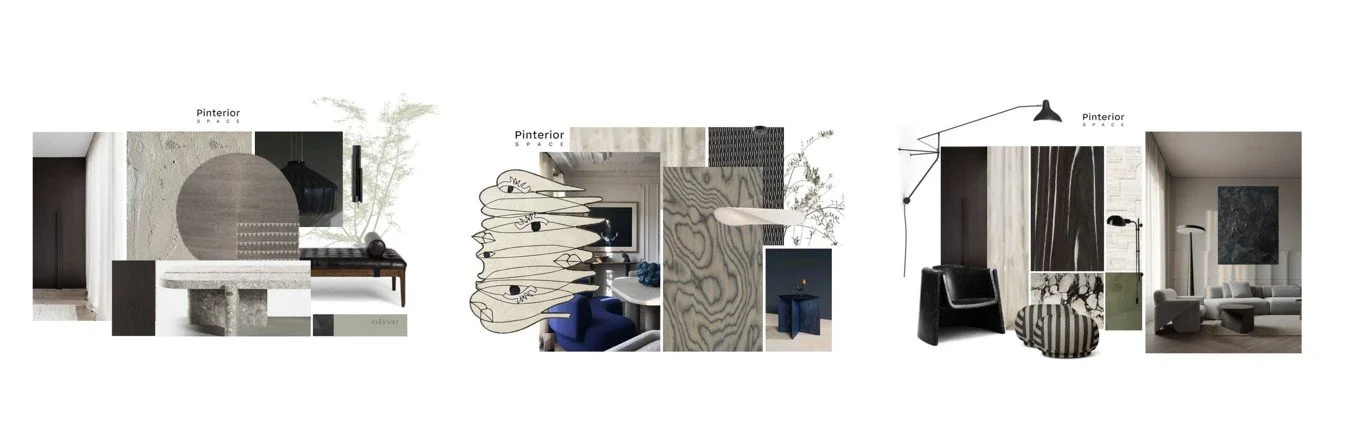 Interior design concept boards by Pinterior Space — Cambridge mood palettes blending Nordic calm, sculptural elegance, and artistic texture.
