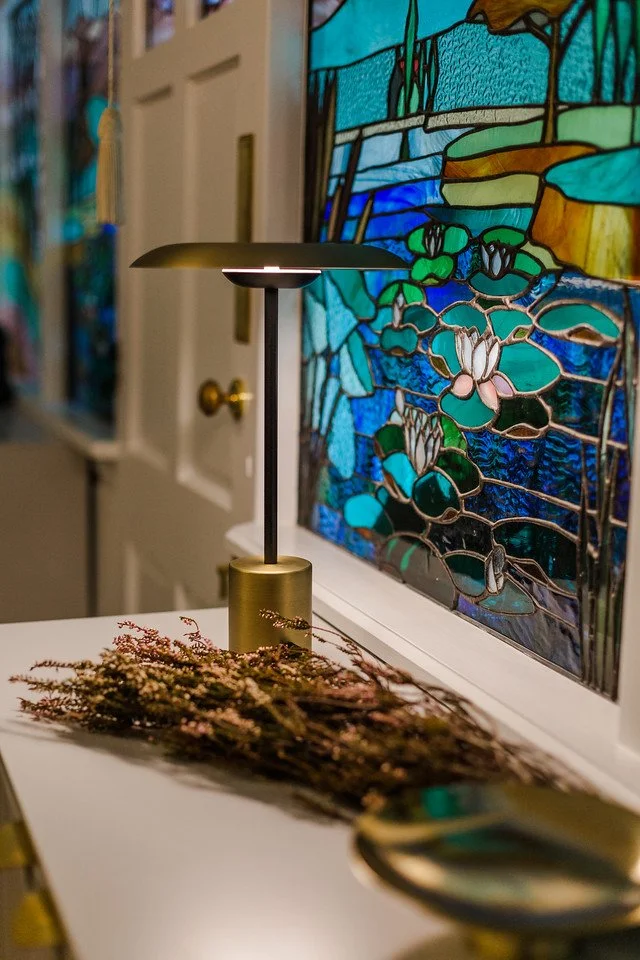 Gamlingay entry hall with preserved stained glass and modern interior detailing