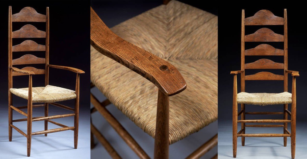 Arts and Crafts armchair by Ernest Gimson, reflecting the handmade craftsmanship and timeless design principles found in Cambridge’s Storey’s Way architecture