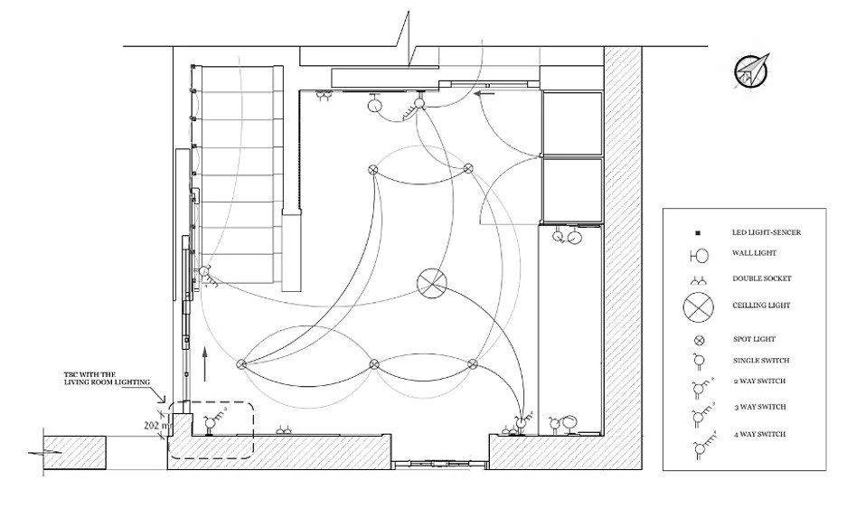 Architectural lighting plan showing circuits, switches, and light placements for a Shelford Cambridge interior.