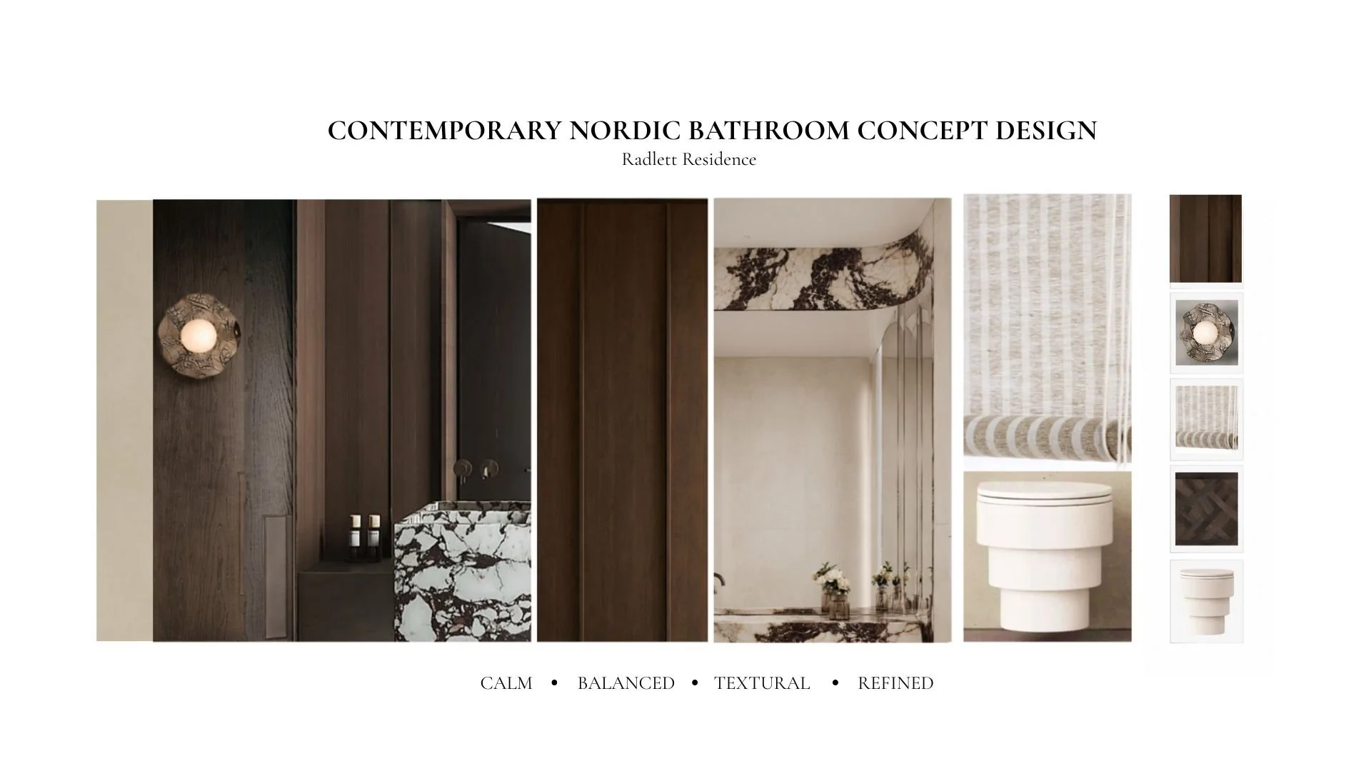 Contemporary Nordic bathroom concept board by Pinterior.space featuring walnut cabinetry, natural stone, textured finishes and sculptural lighting for a refined Radlett residence.