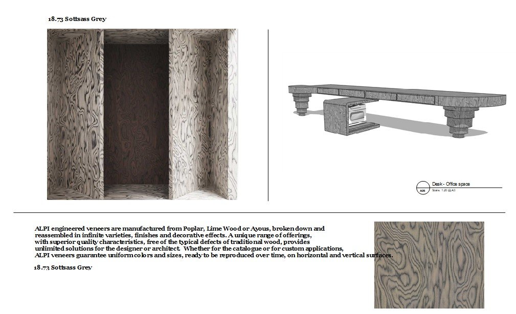 Design concept featuring ALPI Sottsass Grey engineered veneer, showing bespoke shelving and a custom office desk — illustrating the premium materials used in made‑to‑measure solutions for awkward layouts