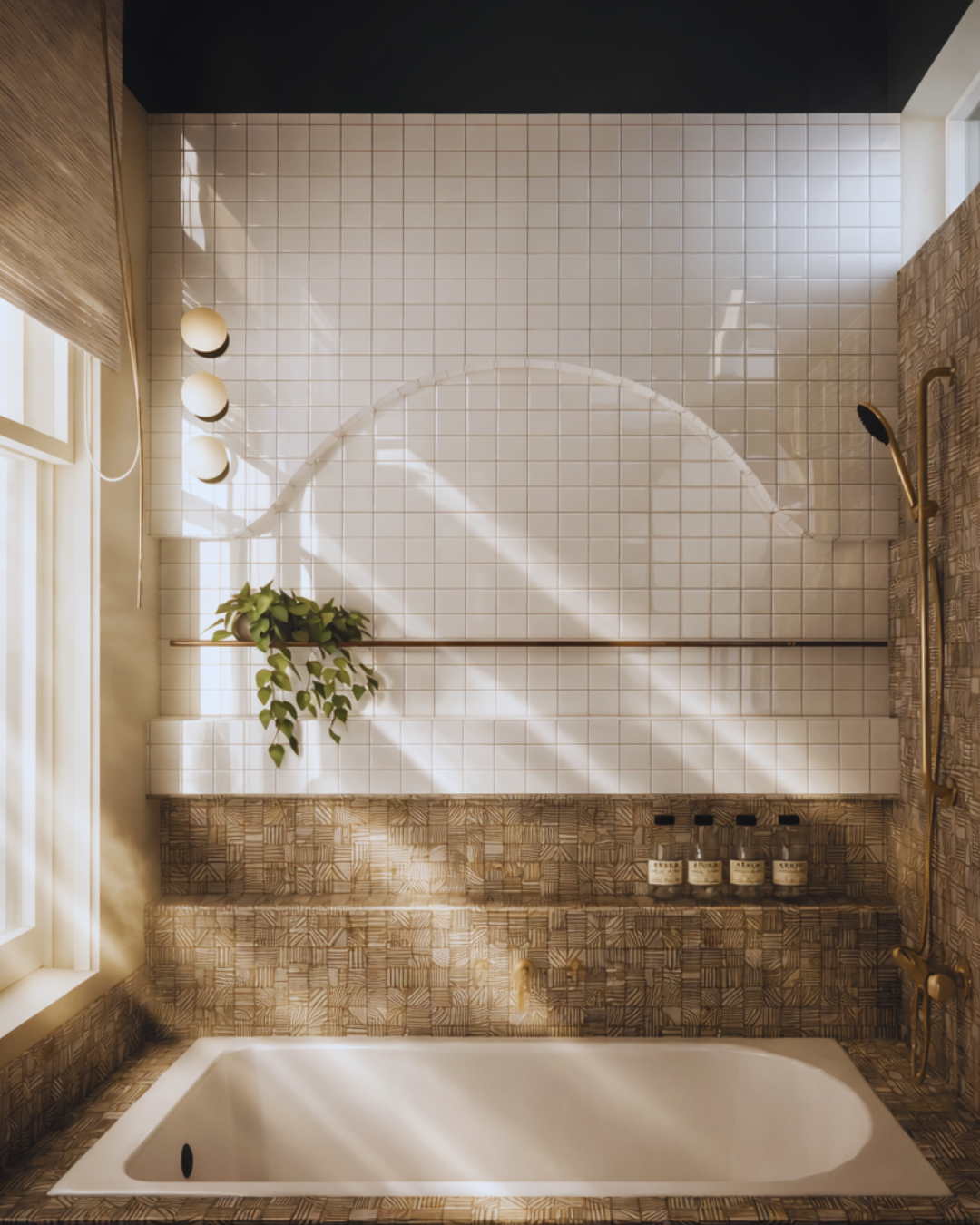 Contemporary bathroom interior featuring a built-in bath, architectural tiled niche, warm textured finishes, natural daylight and brushed brass fittings by Pinterior.space.