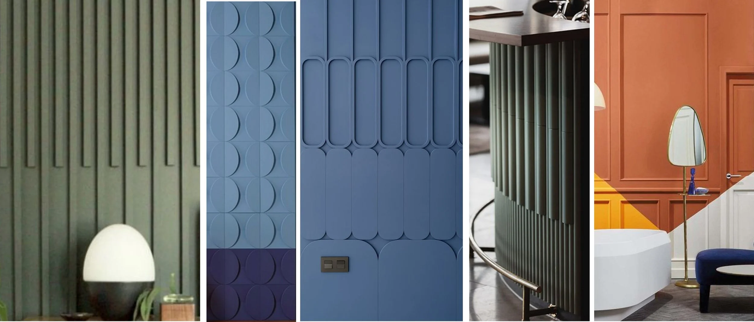 Collage of modern wall paneling styles showing sculptural textures, geometric patterns, and tonal variation.