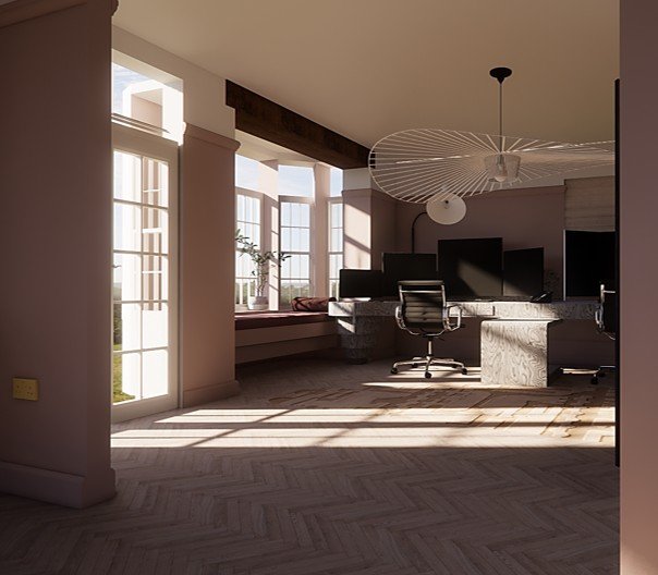 Interior render showing the proposed 5‑metre bespoke desk in a sunlit office with floor‑to‑ceiling windows, illustrating the intended proportions, light, and spatial flow before installation.