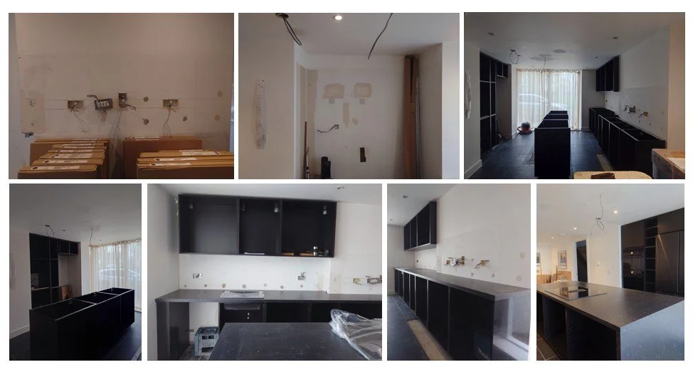 Installation process collage from Henslow Mews kitchen renovation — cabinetry, wiring, and layout refinement in progress